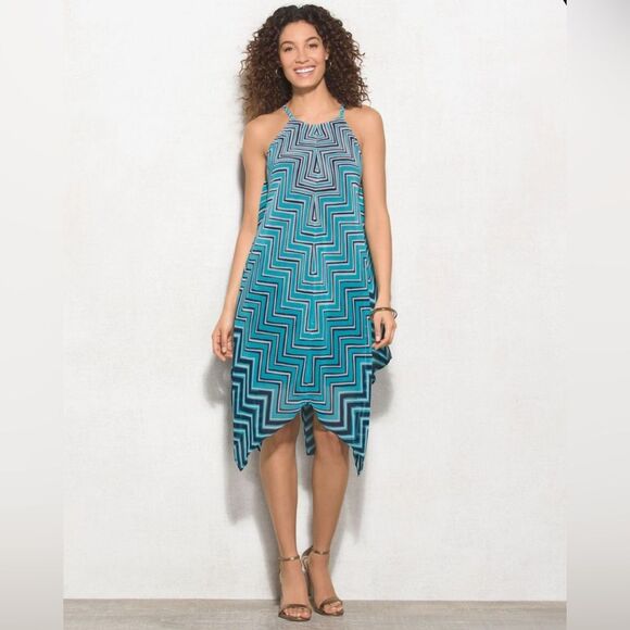 Aqua blue navy and white asymmetrical hem halter midi dress size 10 NWT - Picture 1 of 7